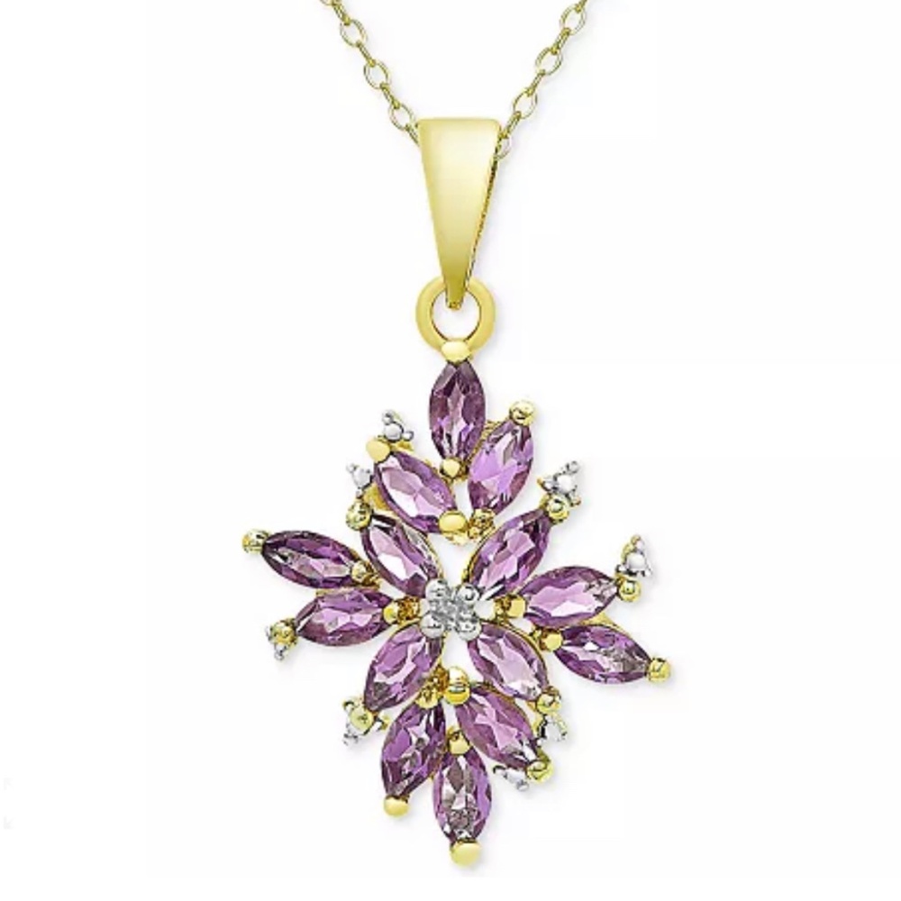 NWT AMETHYST & DIAMOND ACCENT CLUSTER PENDANT NECKLACE in 18K GOLD-PLATED GIFT